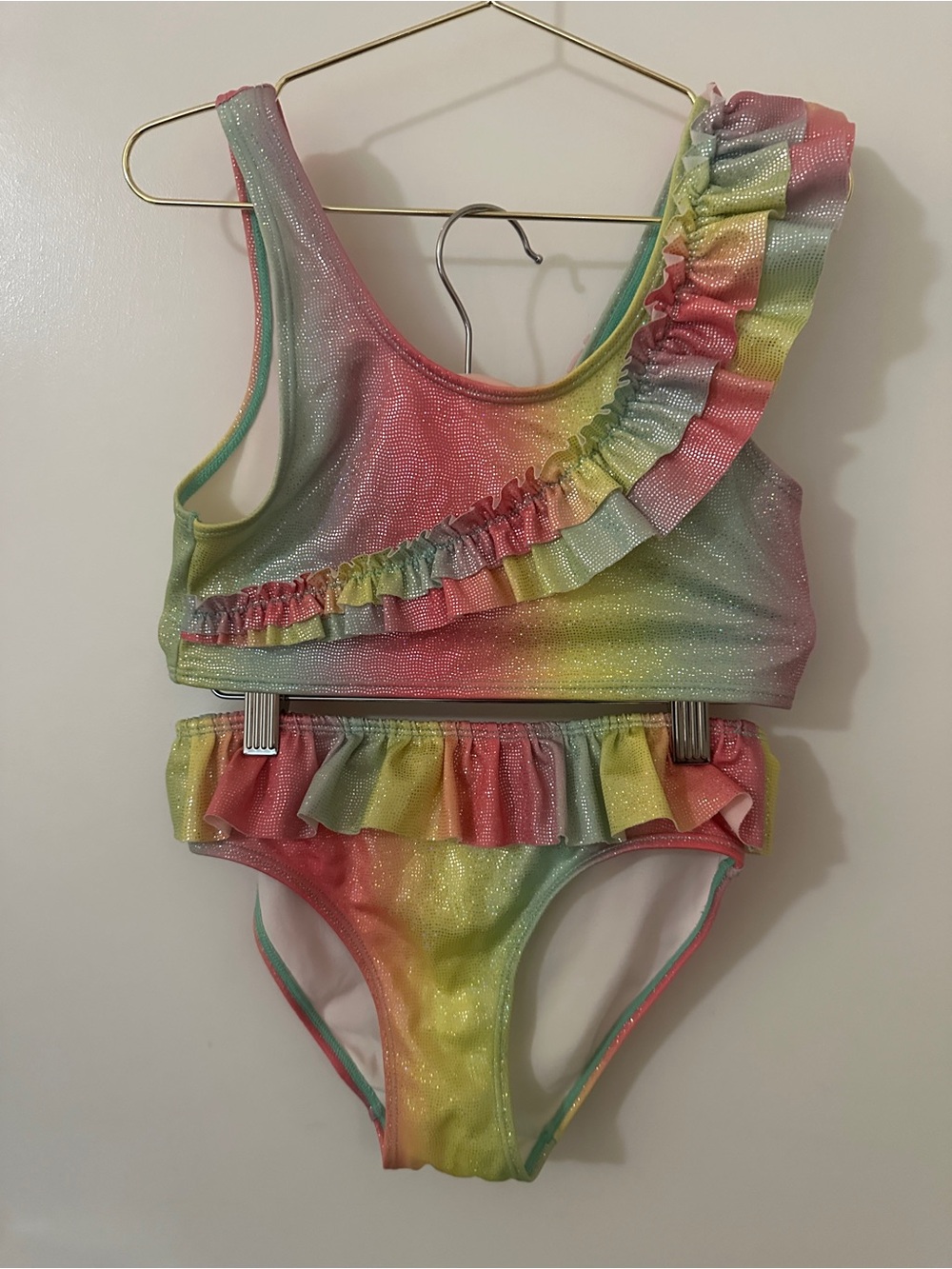 H&M Girls Rainbow Shimmer One-Shoulder Ruffle Bikini Swimsuit Size 8-10